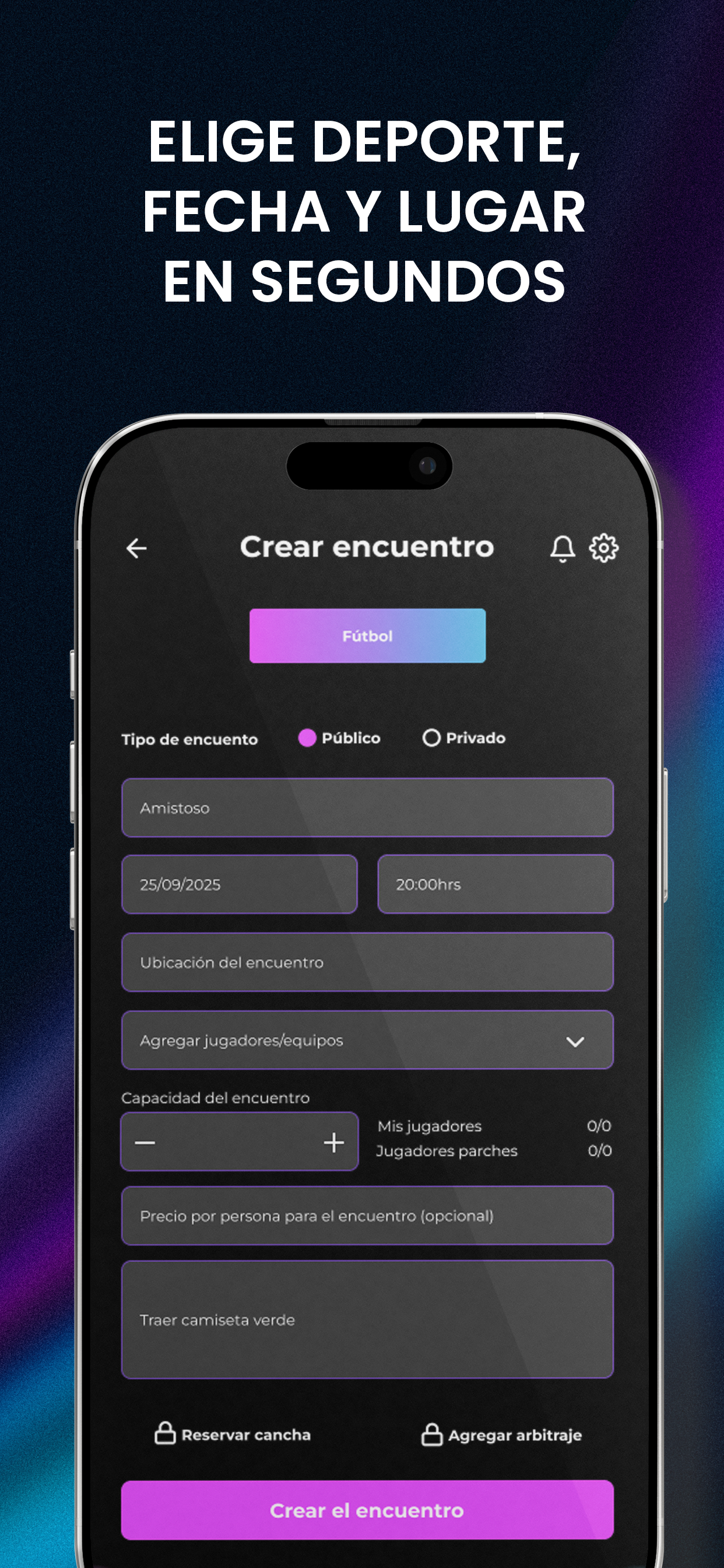 Pantalla de creación de encuentros